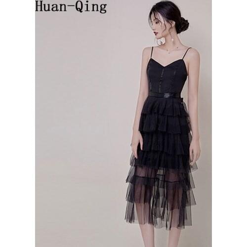 Ladies Elegant Black Mesh Sexy Spaghetti Strap Ruffles Layered Dress Summer Runway Women Sleeveless V-Neck Party Long Dresses