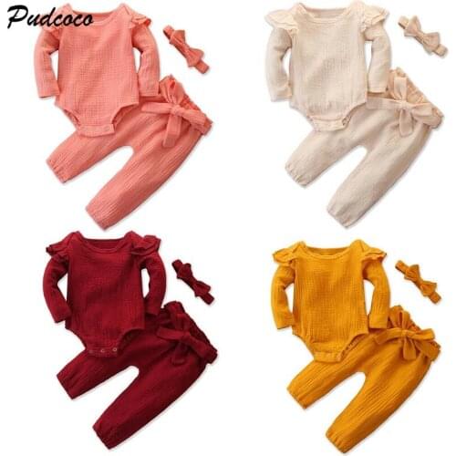 2020 0-24M Casual 3Pcs Newborn Baby Boy Girls Solid Cotton Linen Set Long Sleeve Rompers Jumpsuit Bow Pants Clothes Outfits New
