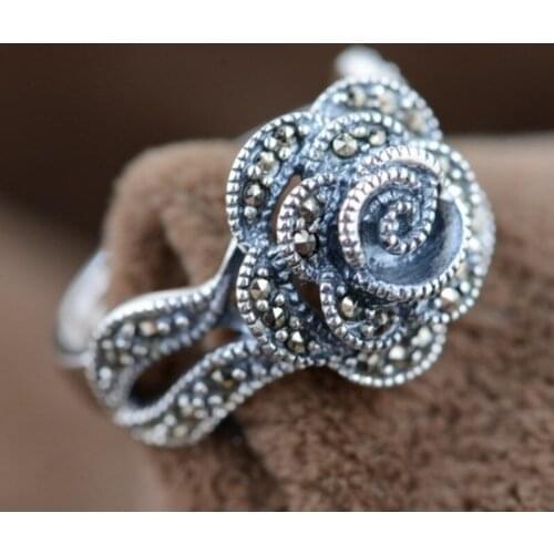 BOCAI 100% S925 Sterling Silver Rings Marcasite Rose Antique Style Thai Silver Hand Jewelry Pure Argentum Rings for Women