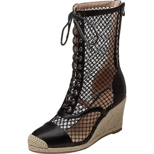 Summer Sexy Hollow Out Mesh Womens Sandals Sheepskin High Heel Female Wedge Shoes Fashion Casual Handmade High Quality Boots