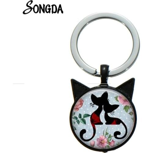 Garden Couple Cats Lovely Keychain Animal Cartoon Black Cat Printed Glass Cabochon Pendant Pet Lovers Women Bag Key Ring