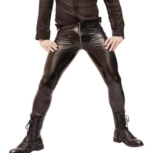 Sexy Men Zipper Open U Crotch High Elastic PVC Shiny Pencil Pants Fashion Punk Glossy Style Pencil Pants Gay Wear