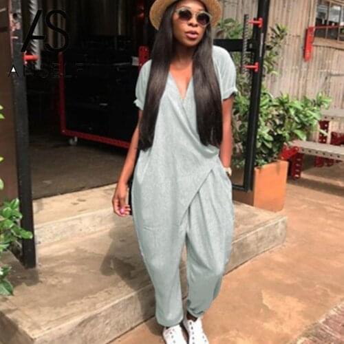 3XL 5XL 6XL Big Size Jumpsuits for Women 2020 Casual Loose Dungarees V Neck Short Sleeve Overalls Summer Playsuit Rompers female
