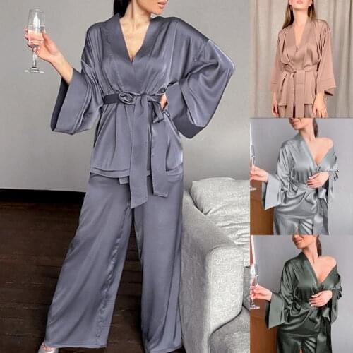 2pcs/Set Solid Pajama Set Women Autumn Long Sleeve V-Neck Top Loose Pants Two Piece Set Women Pajamas Sleepwear pijama mujer