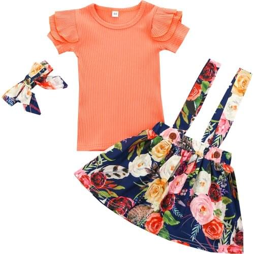 Girls Clothing Sets New Summer Short Sleeve T-shirt+Print Suspender Skirt 3Pcs for Kids Clothing Sets Baby Clothes Outfits