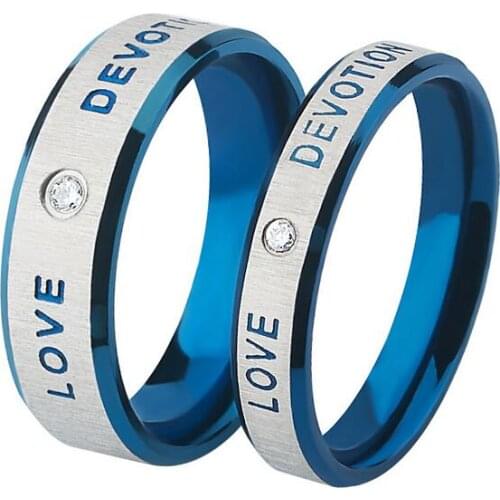 Creative titanium steel brushed blue zircon L O V E stainless steel couple rings