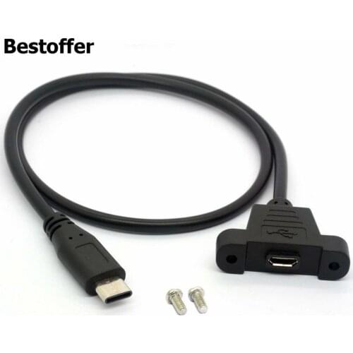 50cm Micro USB Panel Mount Extender Cable Type C USB Male to Micro USB Female Ear Screw Install the pane Data Extension Cable