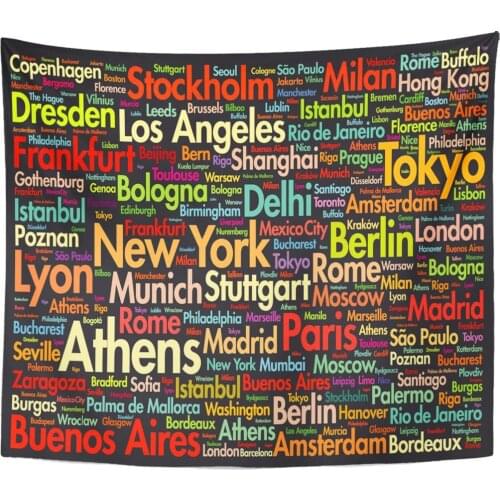 Collage Cities of The World Travel Destinations Word Cloud Tapestry Home Decor Wall Hanging for Living Room Bedroom Dorm 50x60