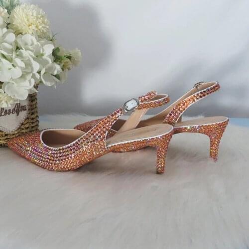 New Crystal Sandals Golden Bridal Wedding Shoes Women Party Dress Shoes Thin Heels Womens Ankle Strap Pumps Big Size