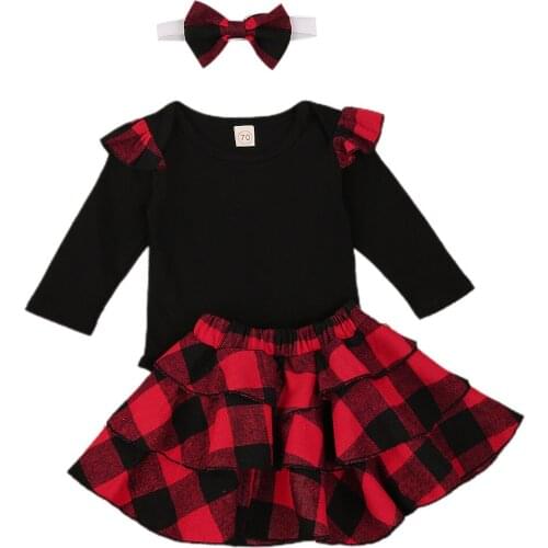 Infant Baby Girl’s Clothes Solid Color Long-sleeved Jumpsuit +Plaid Short Skirs+Headband 3 Piece Outfits Sping Fall Clothing