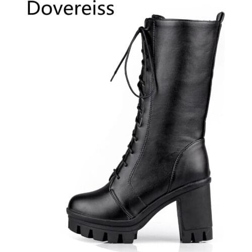 Dovereiss Fashion Womens Shoes Winter Rivets Sexy Elegant sexy Concise brown white Mature Cross tied Knee high boots big size43