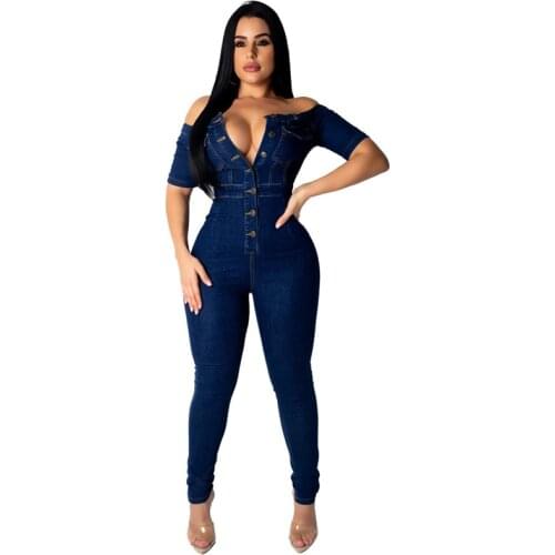 Sexy Off Shoulder Half Sleeve Cotton Bodycon Jeans One Piece Jumpsuit Denim Playsuit Women Elegance Jeans Woman Romper Overalls