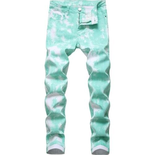 SEVEYFAN 2021 Mens Fashion Tie Dye Printed Jeans Plus Size 42 Elastic Slim fit Denim Pants for Male