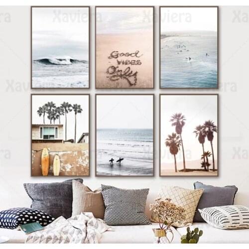 Nordic Poster And Print Sea Waves Beach Surfboard Coconut Tree Wall Art Canvas Painting Wall Picture For Living Room Decoration