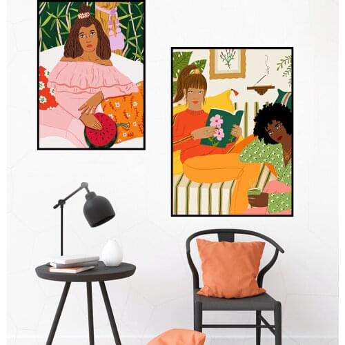 Vintage Abstract Colorful Girl Dog Flower Wall Art Canvas Painting Nordic Posters And Prints Wall Pictures For Living Room Decor
