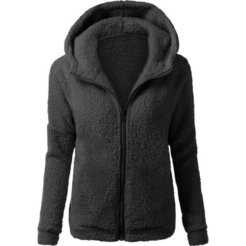 40#Women Fleece Teddy Hoodies Zipper Solid Pocket Hooded Coat Winter Warm Wool Zip-Up Cotton Coat Outwear Casual Sweatshirts