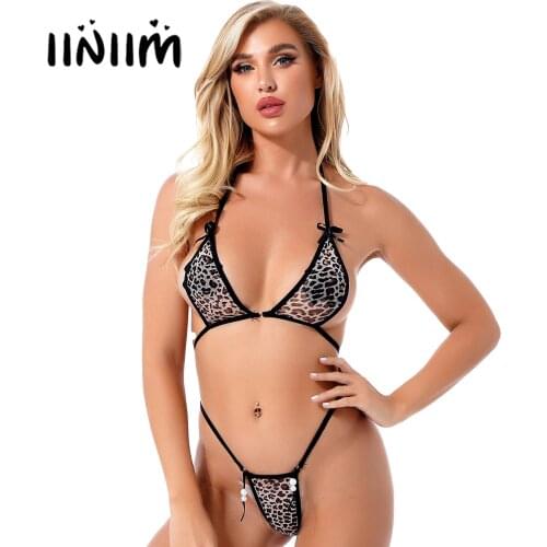 Womens See-through Mesh Hot Bikini Set Underwear Erotic Lingerie Suit Swimwear Halter Lace-up unlined Bra Top with T-back Thongs