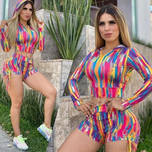 2021 Colorful Short Suit Set Long Sleeve Zipper Crop Top and Short Pants Sports Outfit Zipper Hooded Women Tracksuits 2 Pieces