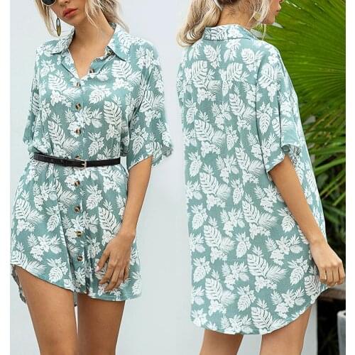 Floral Women Button up Turndown Collar Short Sleeve Long Shirt Dress Loose Top
