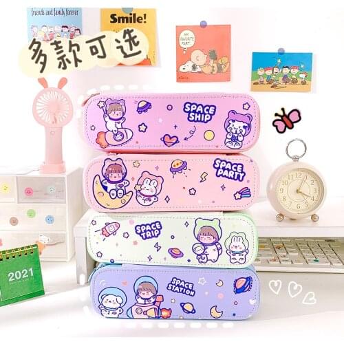 1Pcs Cute Cartoon Pattern Spaceman Pu Canvas Pencil Case Double Layer Large Capacity Pencil Case School Supplies