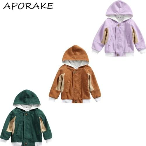2021 1-6Y Casual Toddler Baby Corduroy Jacket Spring Fall Patchwork Long Sleeve Zip Up Hoodie Loose Coat Boys Girls Outwear