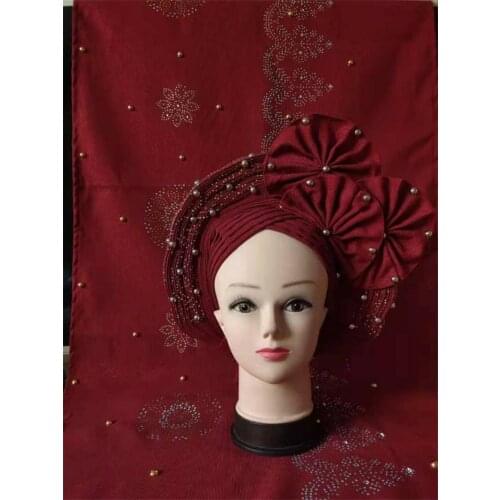 2021 Last Designs Nigerian Fashion Stones Beads Aso Oke Gele Headtie Good Quality Wraps Sego Gele Headtie Fabric Set For Party