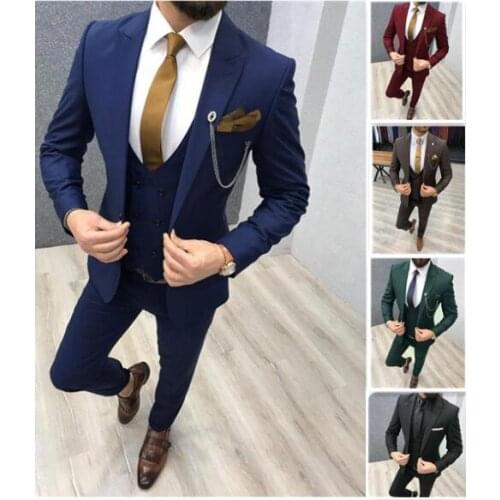 2021 Navy Blue Wedding Suits Men Peaked Lapel 3 Piece tailor-made Groom Brown Tuxedos Slim Fit Male Suit (Jacket + Pants + Vest