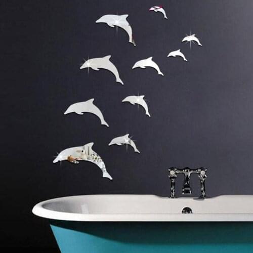10 Pcs/Set 3D Acrylic Mirror Surface Wall Sticker Cute Dolphin Design for Room Wall Background Decoration 3 Color Removable