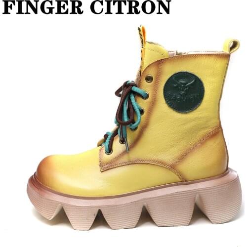 Finger Citron Women Chelsea Anckle Boots Genuine Cow Leather For Autumn And Winter Platform PVC Outsole By Handmade Size 35--40