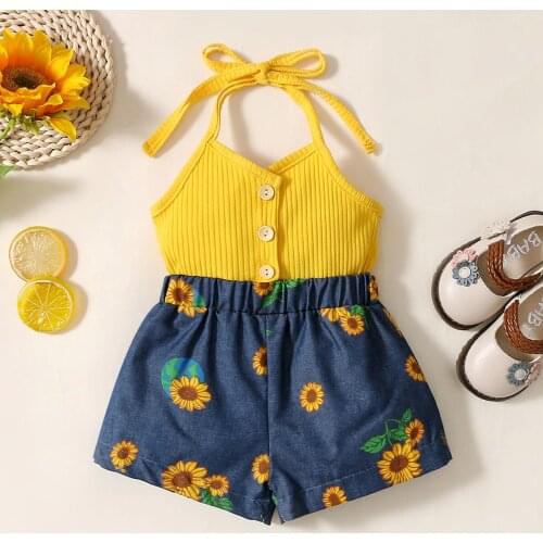 Baby Girl Infant Summer Clothes Knitted Tops Strap Halter Sunflower Print Denim Patchwork Romper for 0-18M