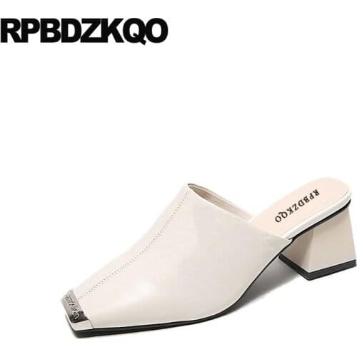 Famous thick 2019 mules slipper beige size 4 34 ladies low heels shoes chunky square toe block pumps metal medium brand women