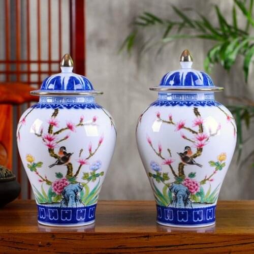 Antique Ceramic Jar With Golden Lid General Tank Vase Flowers and Birds Patterns Hat-covered Jar Ornament Creative Gift