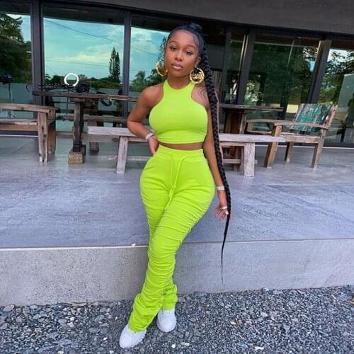 Women Neon Green Two Piece Set Camisole Pleat Pants Fitness Sets Summer Ladies Casual Sportswear Tracksuit Solid Sexy Black Suit