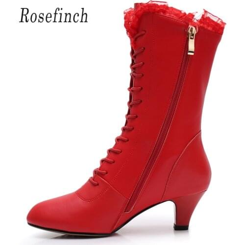 Lace Samba Rumba Latin Dance Boots Short Soft Bottom Dance Shoes Rubber Womens Boots Salsa Cha Cha Dance Shoes black/Red A166