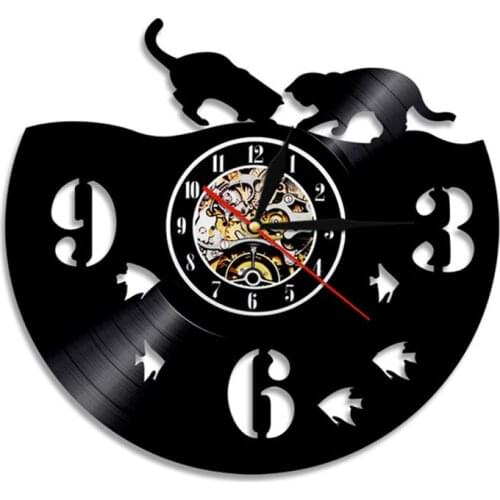 Couple Cat And Fish Vinyl Record Wall Clock With LED Backlight Home Decor Night Light Kitty Silent Wall Watch LED Hanging Lamp