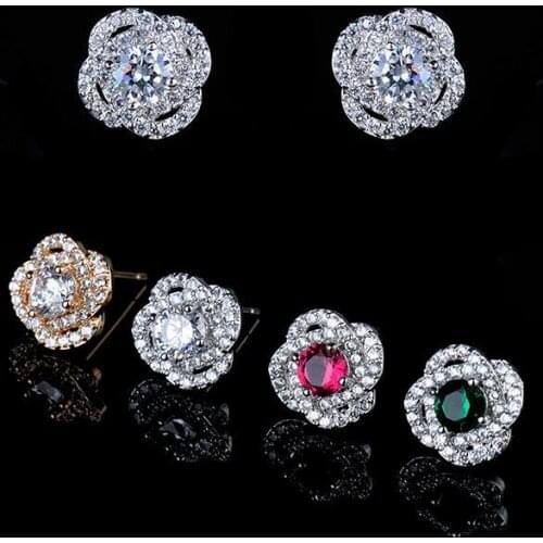 2016 New Fashion Flower Stud Earrings CZ White Plated Flower Jewelry Best Gift For Woman For Party Wedding GLE3483