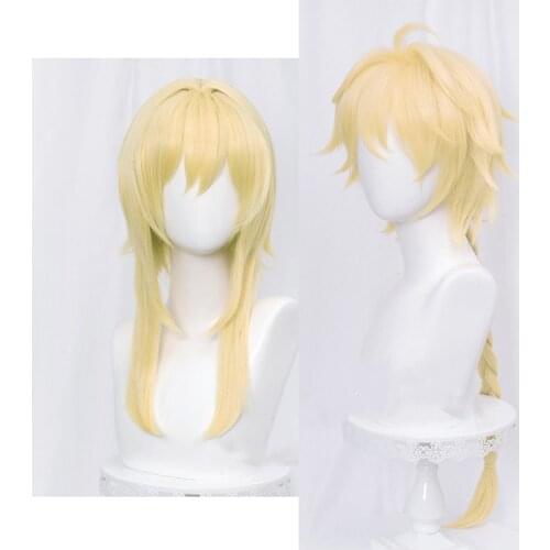 Genshin Impact Traveler Aether Lumine Cosplay Wig Long Blond Braided Heat Resistant Synthetic Hair Anime Wigs + Wig Cap