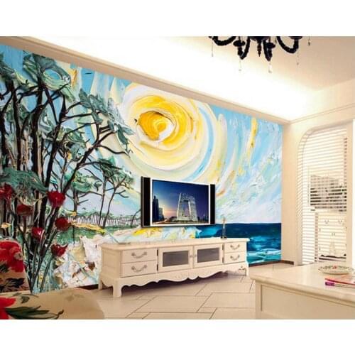 Beach flower grass Trees Dimensional painting landscape Fresco TV background living style wallpaper Home Decoration
