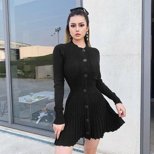 Casual Solid Knitted Pleated Black Mini Dresses Women Fad Autumn Winter Long Sleeve Button Female Short Evening Woman y2K Dress