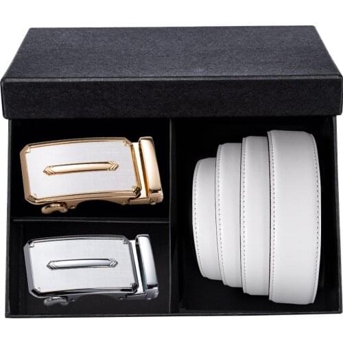 2Pack Men Leather Belt White Automatic Sliding Buckle Waist Strap Gold/Silver Ratchet Buckle Belt Formal Gift to Male Barry.Wang