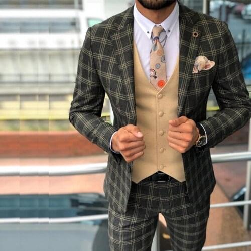 Vintage Plaid Suits British Style Slim Notch Lapel Groom Party Tuxedo Wedding Tuxedos For Men(Jacket+Pants)