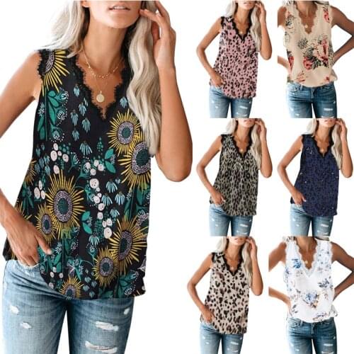 Women Floral Printed V-neck Lace Patchwork Tank Top White Sleeveless Loose Leopard Tanks Summer Casual Beach Ladies Tops