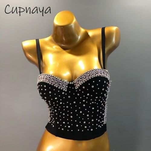 Cupnaya Diamante Decor Women Crop Top Sexy Ladies Spandex Spaghatti Strap Clubwear Bustier Cami Short Corset Vest Tanks Black