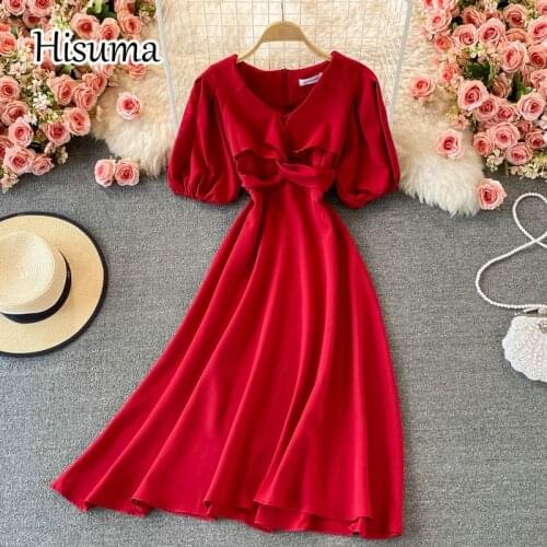 2021 autumn new women V-neck puff sleeve chiffon A-line dress female Chic elegant pure color waist party dresses