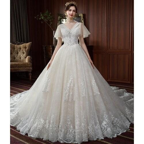V-Neck Short Sleeves Pearls Appliques Lace Embroidery 2021 Princess Ball Gown Wedding Dresses Plus Sizes Robe De Mariage