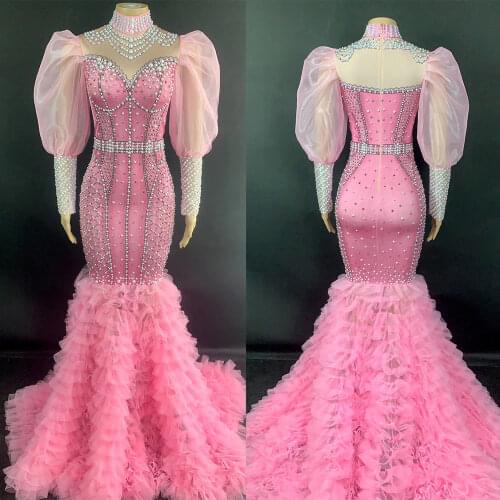 Glistening Embellished Beaded Pearl Puff Sleeve Dresses Tight Gauze Long Cascading Ruffle Tailing Party Evening Costume