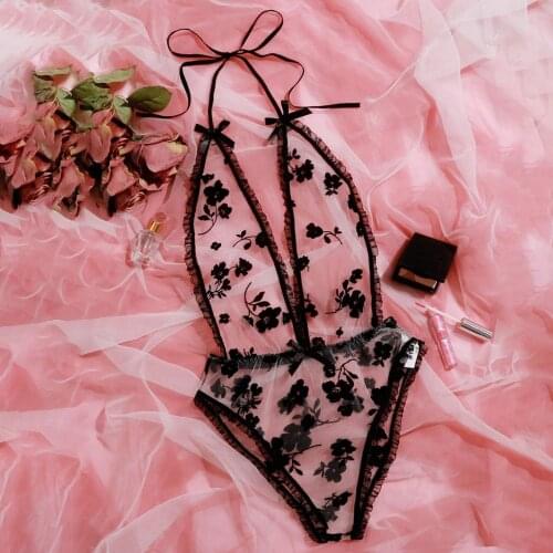 2021 Women Sexy Bow Tie Embroidery Deep V Sexy Lace Bodysuit Strappy Mesh Lingerie Teddy Underwear Nightwear Bodydoll Jumpsuit