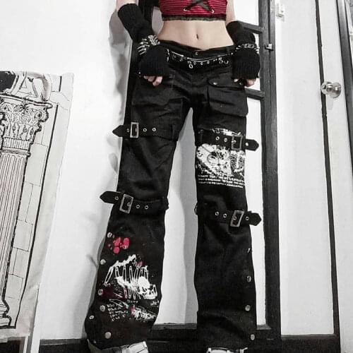 WeiYao Eyelet Buckle Black Punk Goth Jean Fashion Woman Techwear Dark Academic Print E Girl Cargo Pants Low Waist Denim Trousers