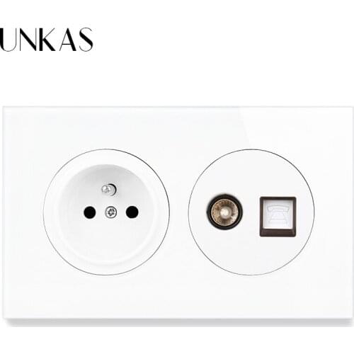 UNKAS French Standard Wall Socket + Female TV Connector And RJ11 Telephone Jack Crystal Glass And Black Aluminum Panel Outlet