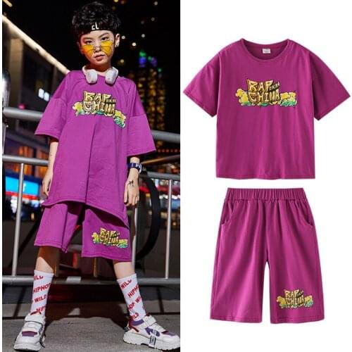 Children Loose T Shirts Shorts Purple Short Sleeves Hip Hop Dance Clothes Boys Girls Sport Street Dance Wear Rave Outfit BL6934